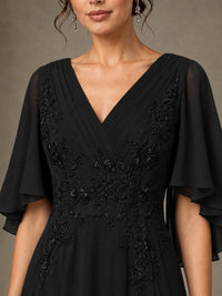 V-Neck Chiffon Lace Mother of the Bride Dress with Flutter Sleeves