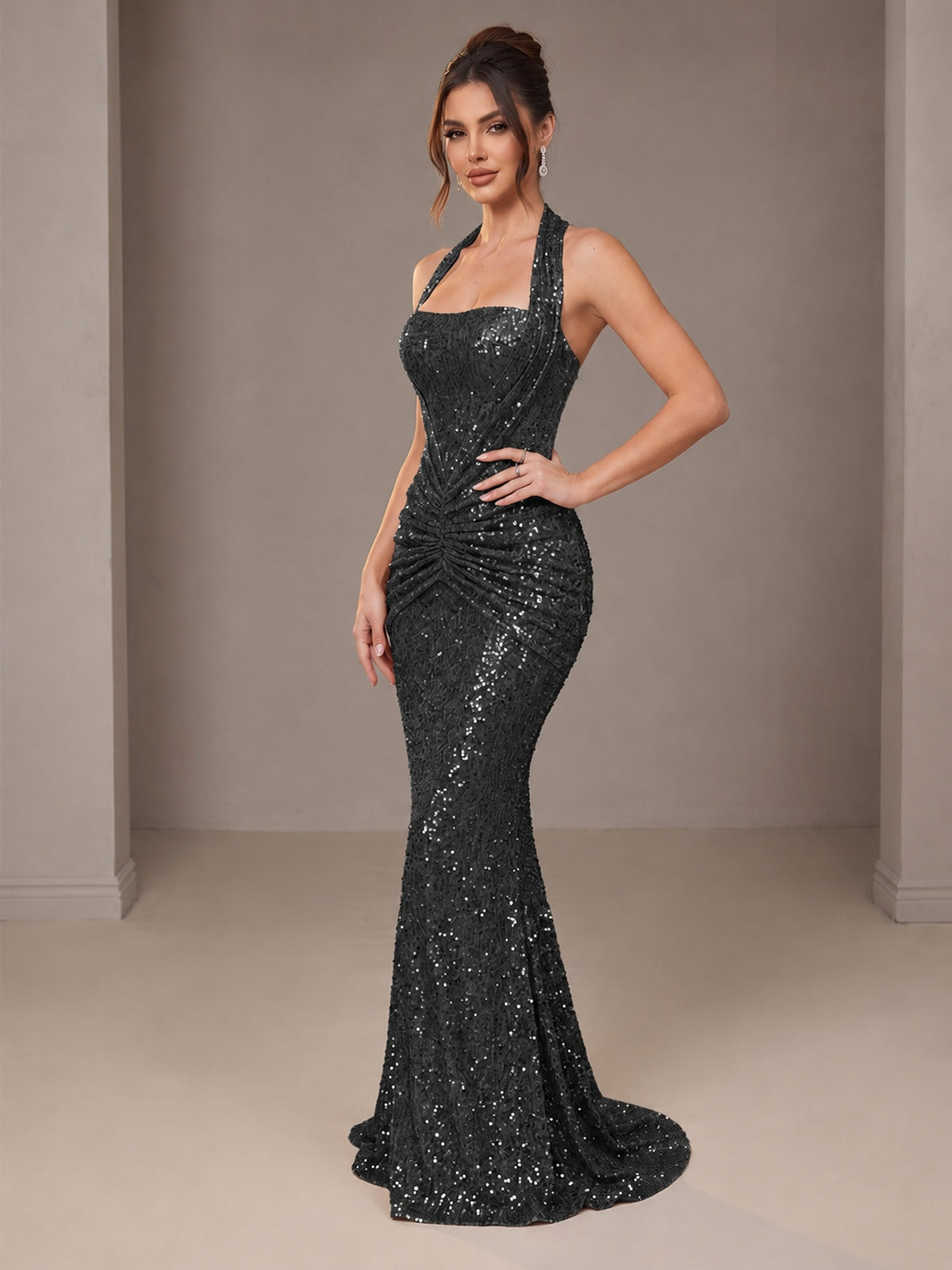 Gold Halter Sequin Mermaid Ruched Prom Dress Long Ruched Evening Gown