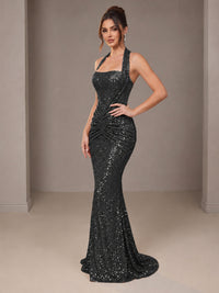 Gold Halter Sequin Mermaid Ruched Prom Dress Long Ruched Evening Gown