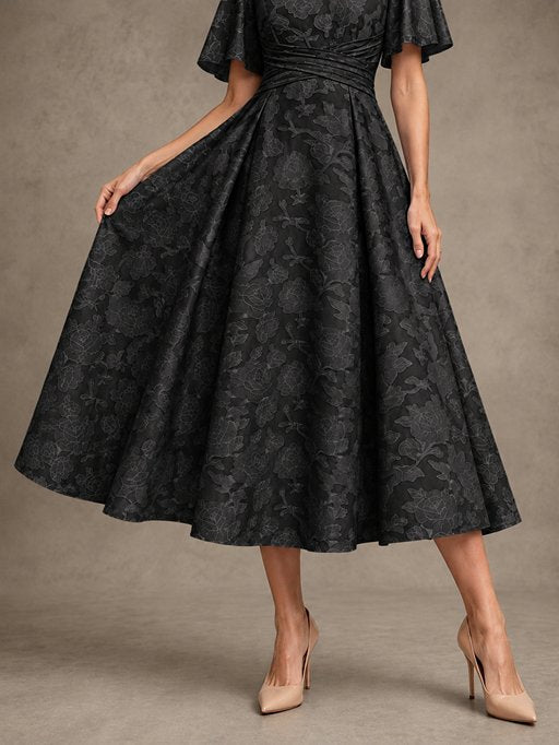 V-Neck Floral Jacquard Tea-Length Mother of the Bride Dress