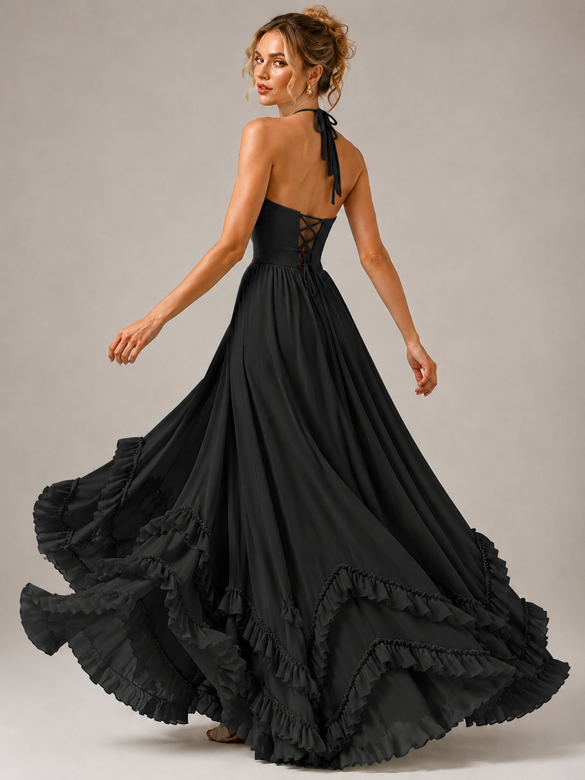 Halter V Neck Chiffon Formal Dress with Lace-Up Back and Ruffle Hem