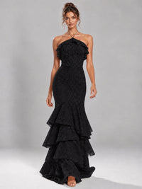 Halter Tiered Mermaid Prom Dress with Sparkly Lace