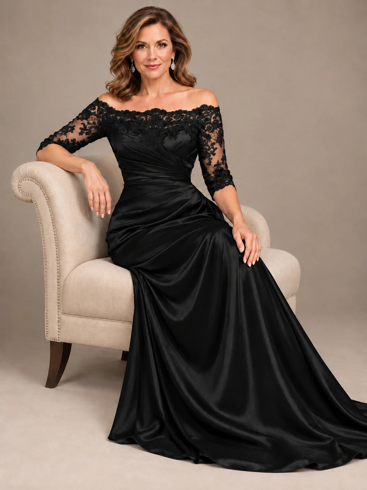 Satin Mother of the Bride Dress with Lace Sleeves Off Shoulder Formal Gown