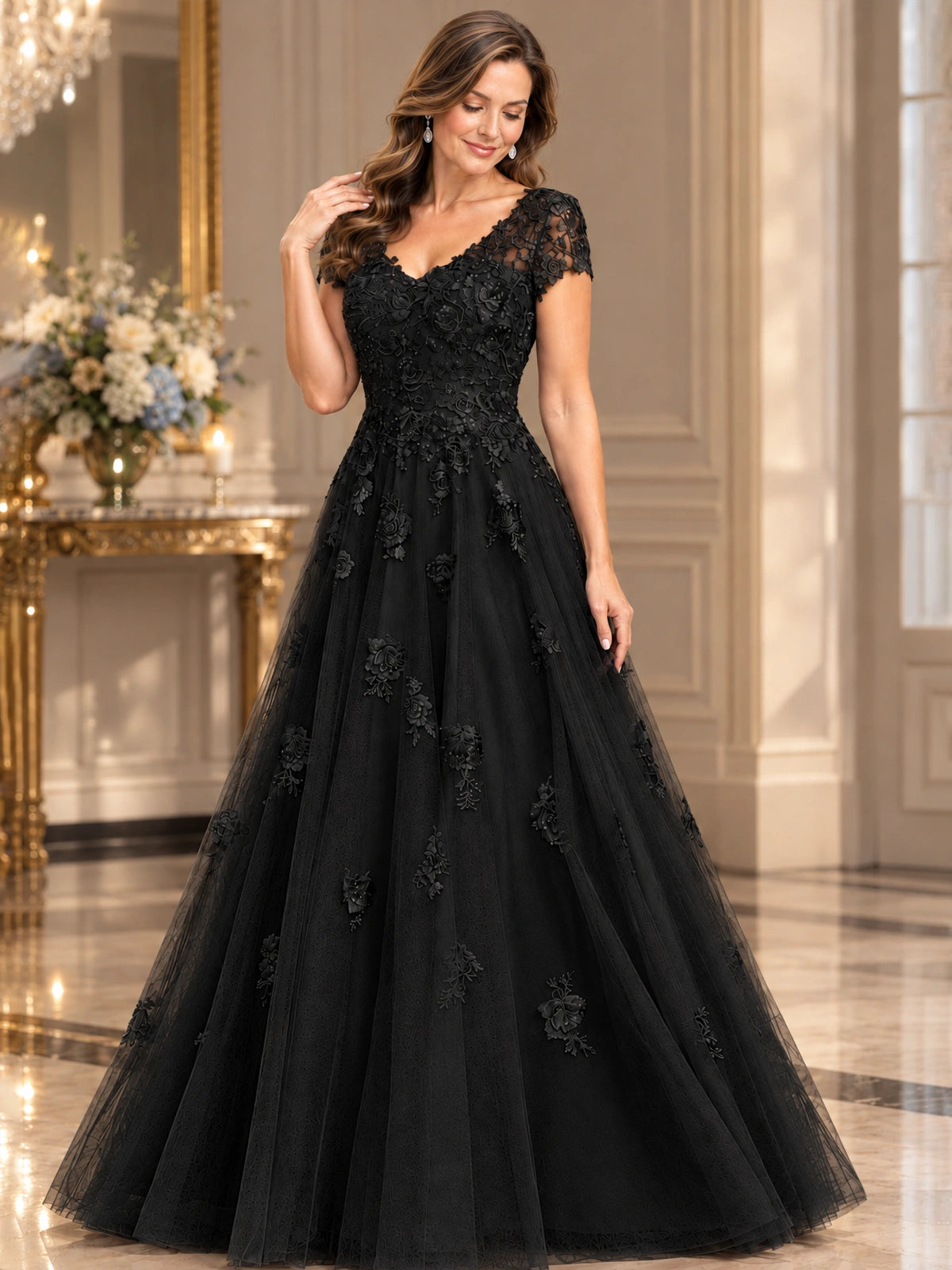 Lace Appliques A-line Mother of The Bride Dresses with Short Sleeves