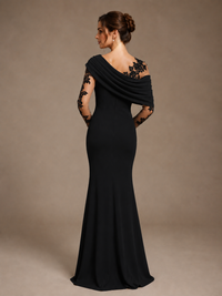 Dusty Rose Illusion Long Sleeve Chiffon Applique Mother of The Bride Dress