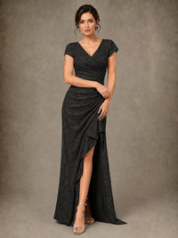 V-Neck Floral Jacquard Mother of the Bride Dress with Slit