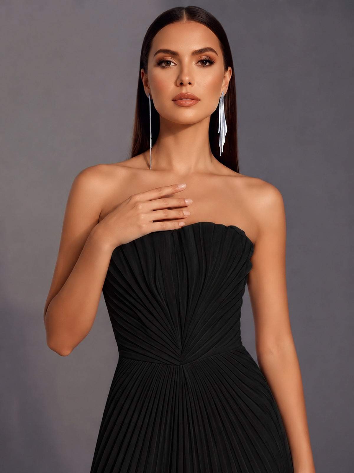 Strapless A-line Long Pleated Satin Prom Dress