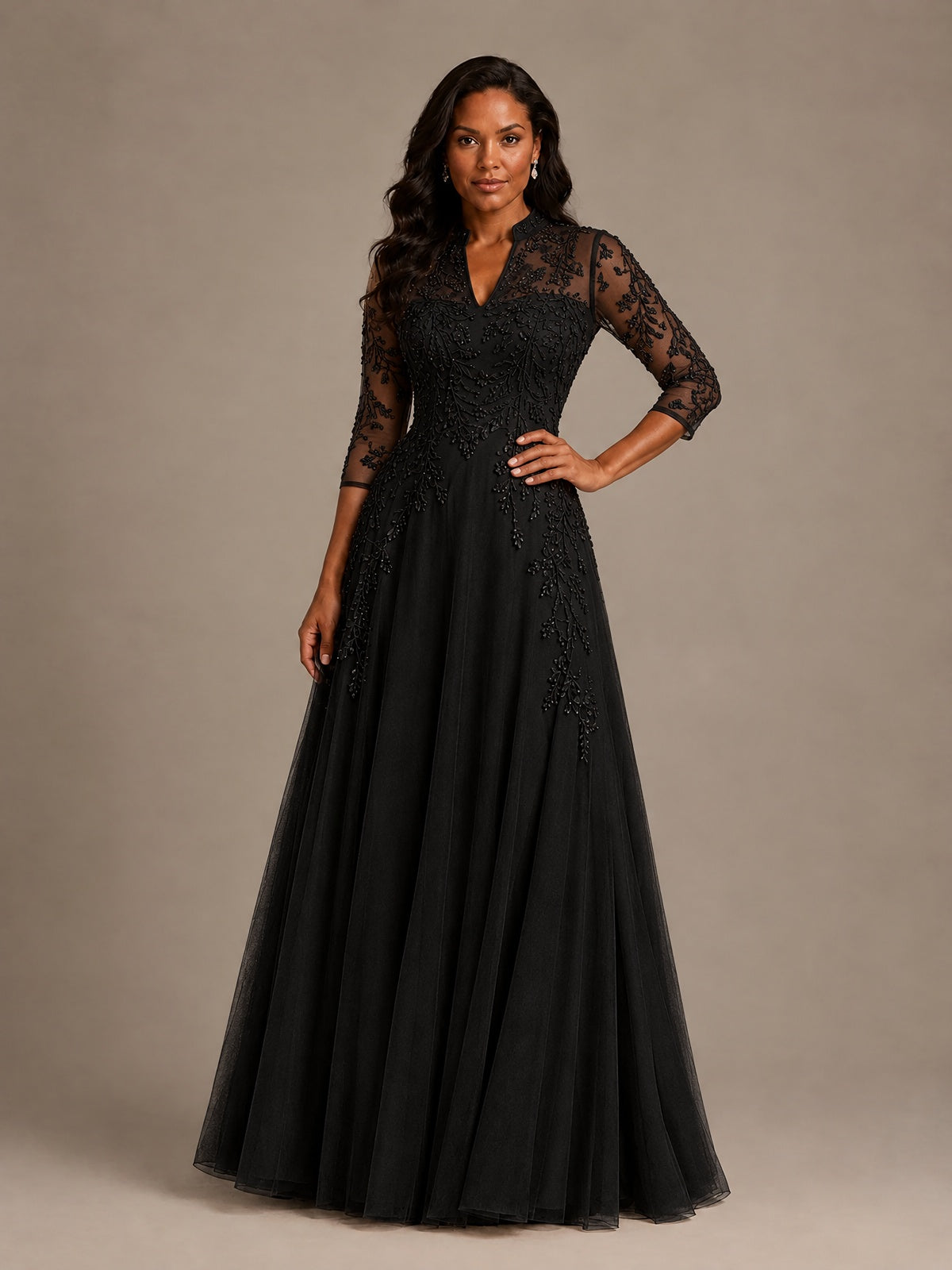 Embellished Appliques Mother of the Bride Dress with 3/4 Sleeves