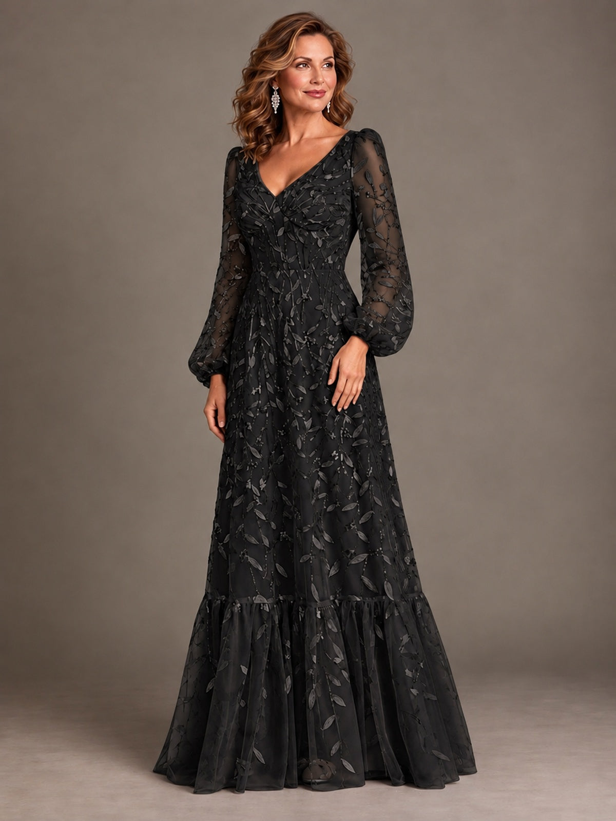 Floral Sequin Embroidered A-Line Mother of the Bride Dress with Long Sleeves
