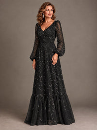 Floral Sequin Embroidered A-Line Mother of the Bride Dress with Long Sleeves