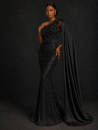 Gold Sequin One Shoulder Mermaid Prom Dress with Cape