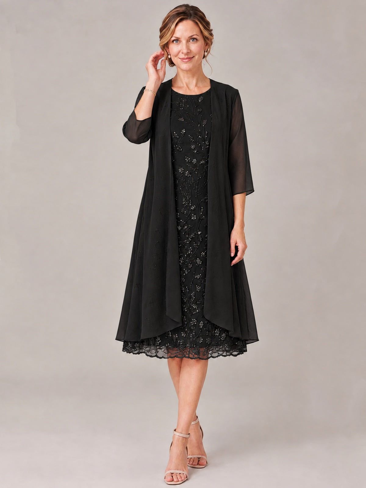 Tea Length Sequin Lace Mother of The Bride Dress with Chiffon Jacket