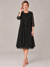 Tea Length Sequin Lace Mother of The Bride Dress with Chiffon Jacket