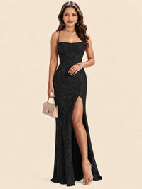 Sequin Lace Appliques Mermaid Prom Dress Spaghetti Strap Formal Gowns with Slit
