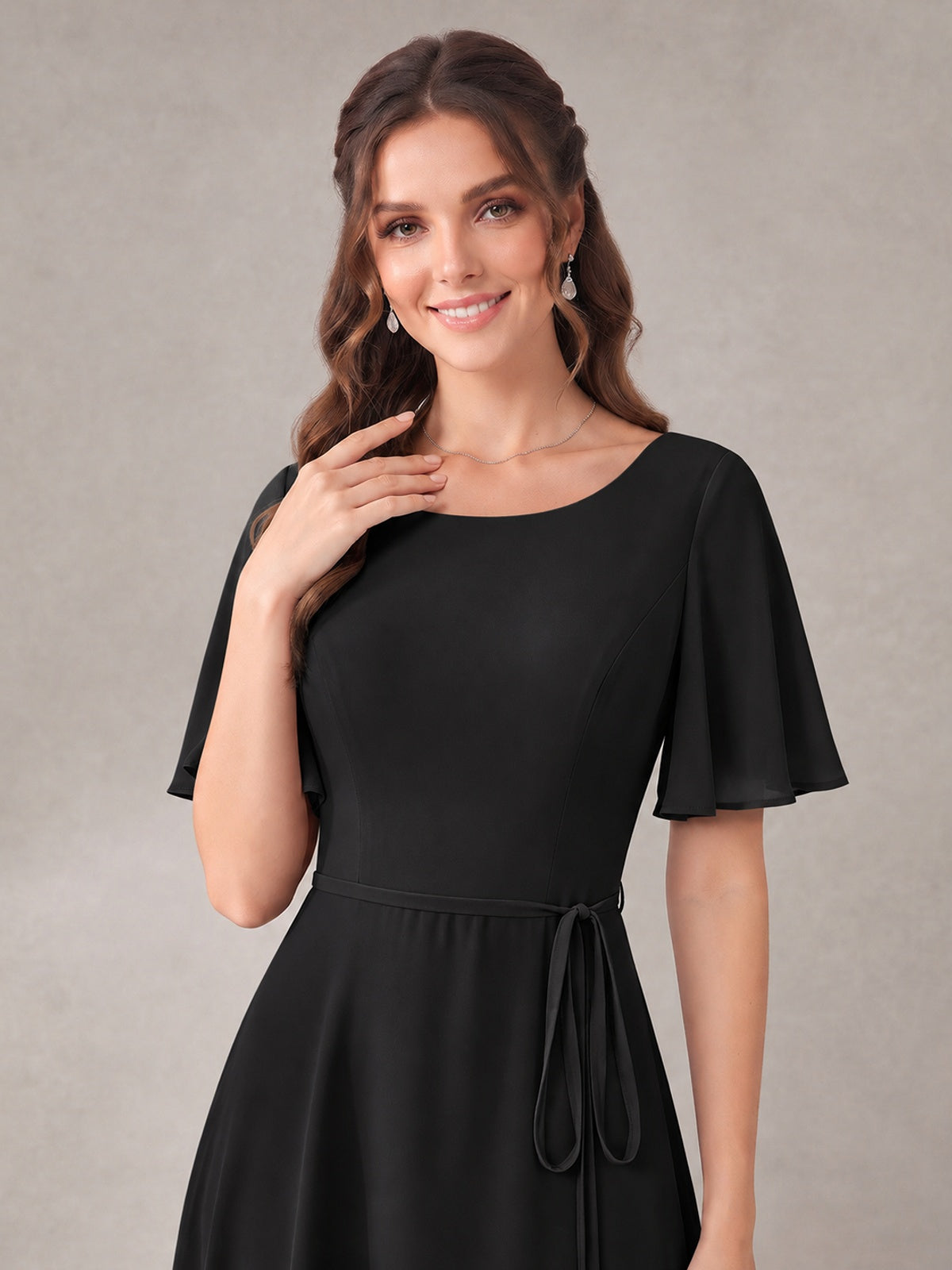 Scoop Neck A-line Chiffon Bridesmaid Dress with Flutter Sleeve & Belt