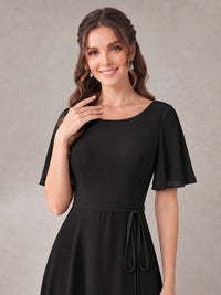 Scoop Neck A-line Chiffon Bridesmaid Dress with Flutter Sleeve & Belt