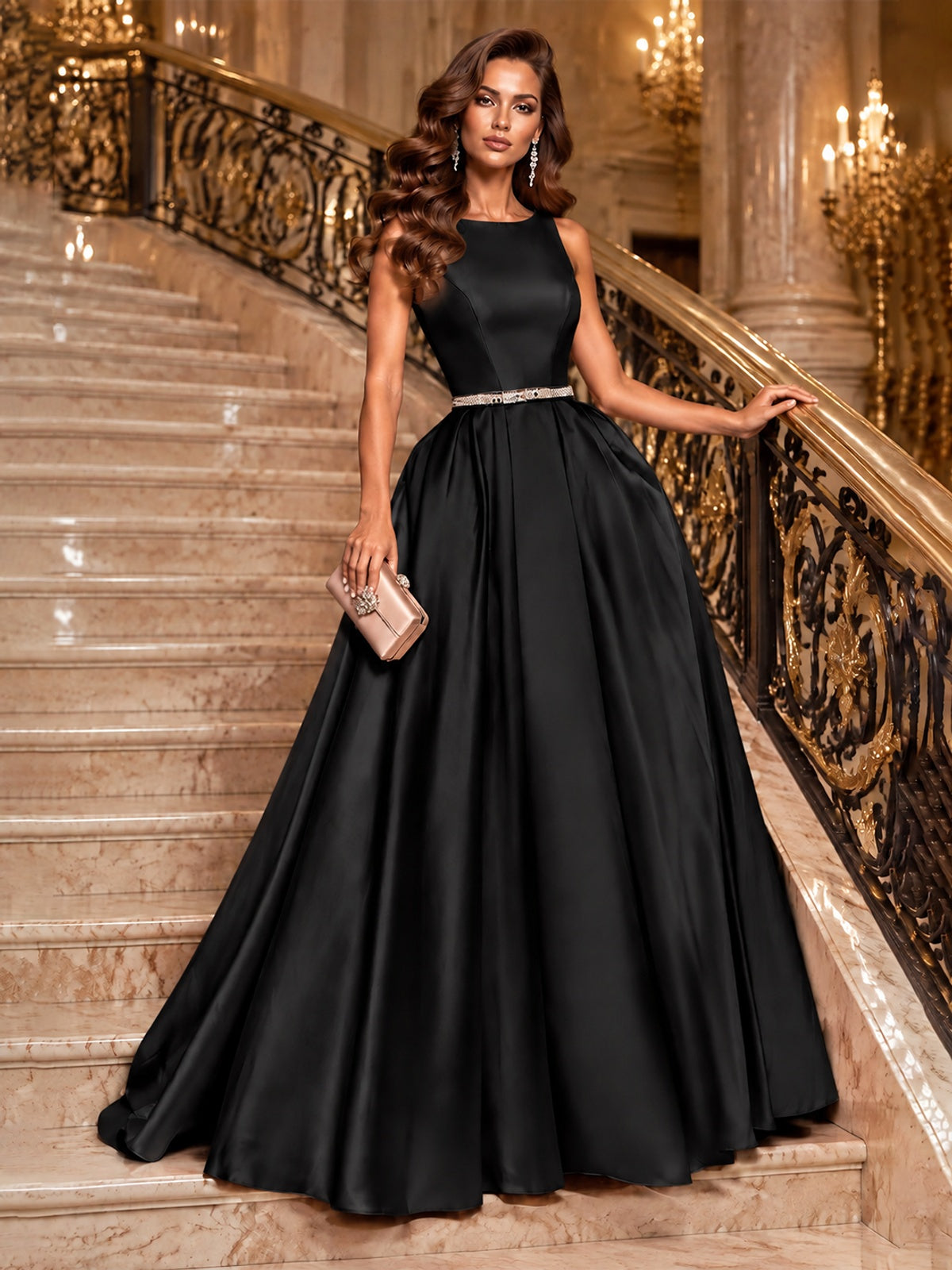 Satin A-Line Prom Dress Sleeveless Beaded Waist Formal Gown with Pockets