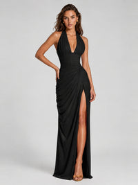Ruched Halter Neck High-Slit Prom & Evening Dress