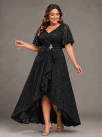 Jacquard Chiffon A-Line V-Neck High-Low Mother of the Bride Dress