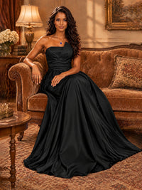 Draped Satin Prom Dress Strapless A-line Formal Dress Floor Length