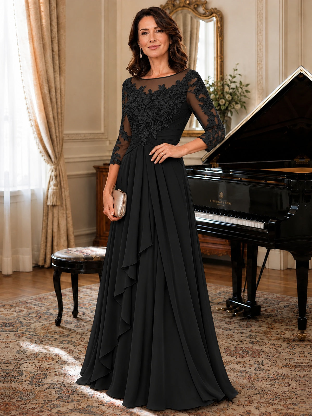 A-Line Chiffon Mother of the Bride Dress with Floral Applique 3/4 Sleeves