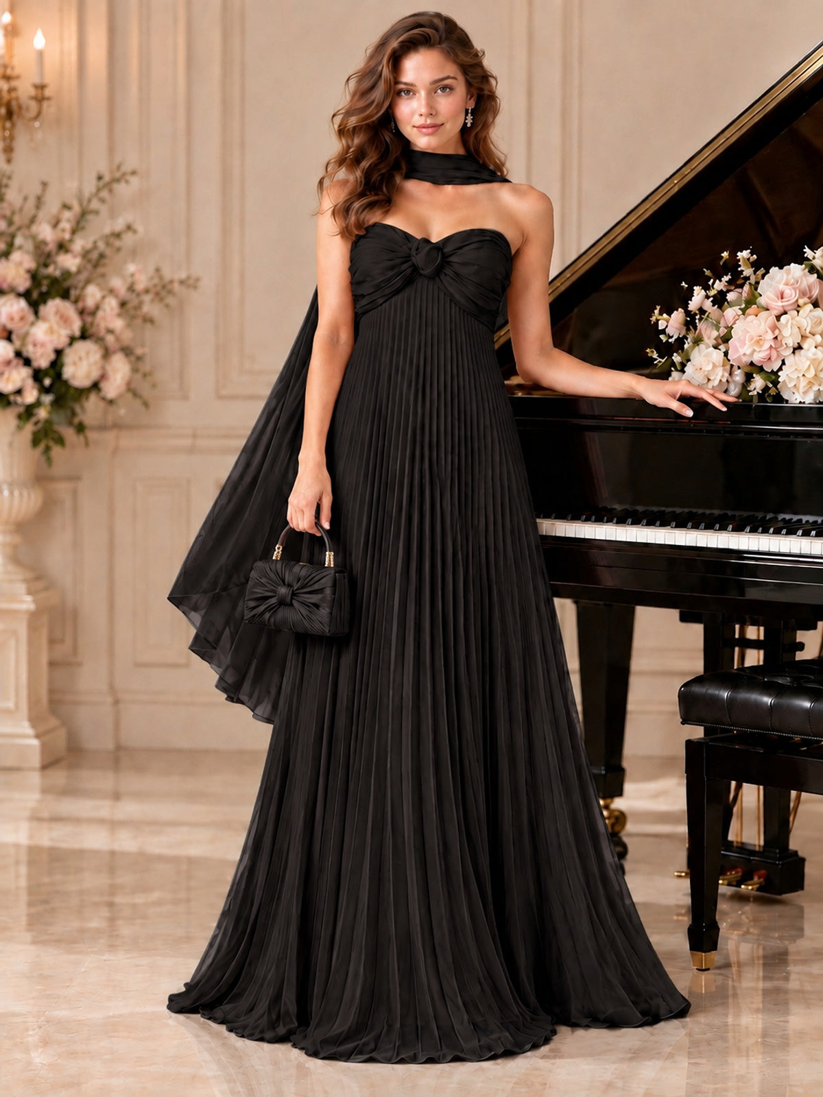 Sweetheart Neckline Pleated Prom Dress Strapless A-line Formal Dress with Flowy Scarf