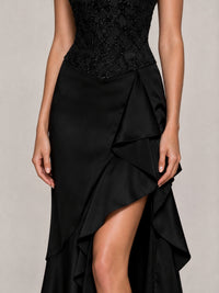 Strapless Lace Appliques Corset Satin Prom Dress Ruffle Slit Evening Gown