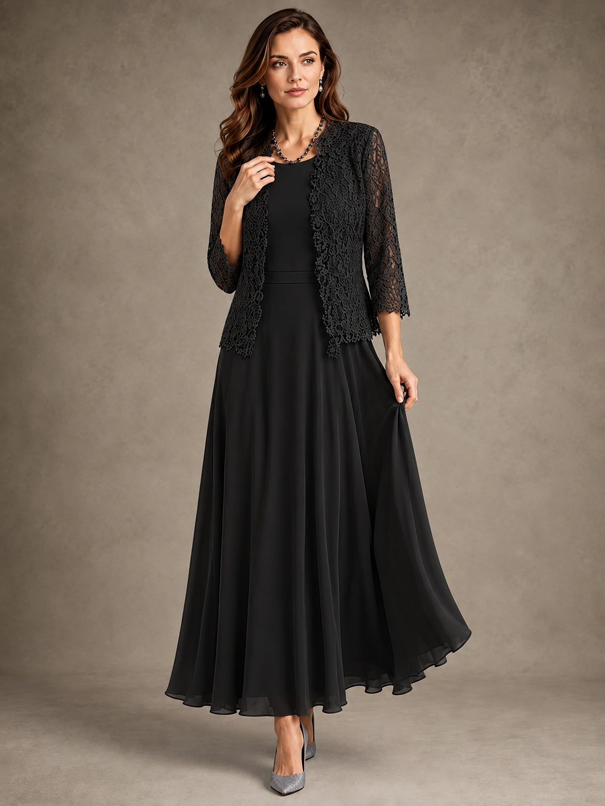 2-Piece Chiffon Mother of the Bride Dress with Lace Jacket
