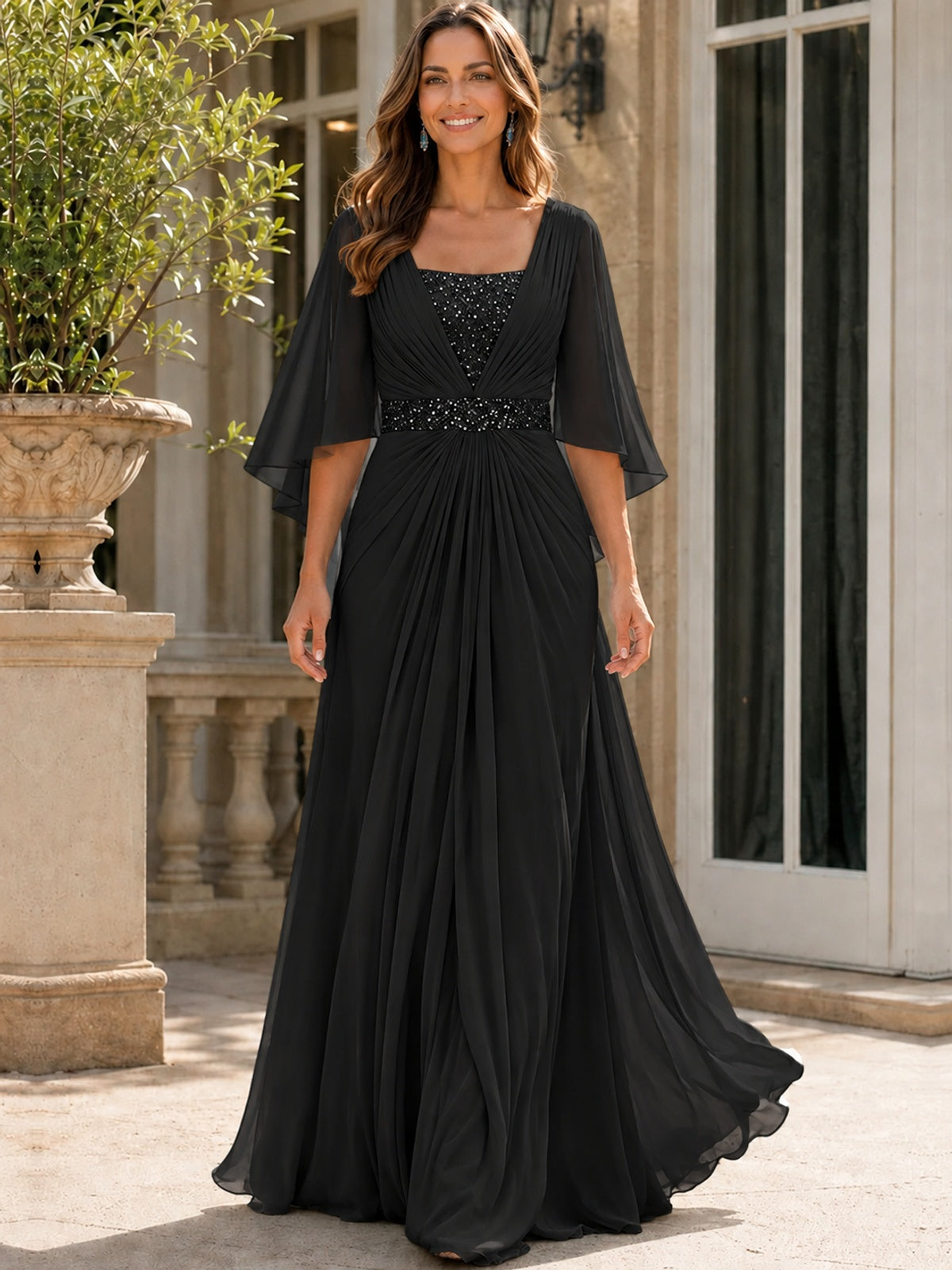 Elegant V-Neck Sequined Chiffon Mother of the Bride Dress with Flutter Sleeves