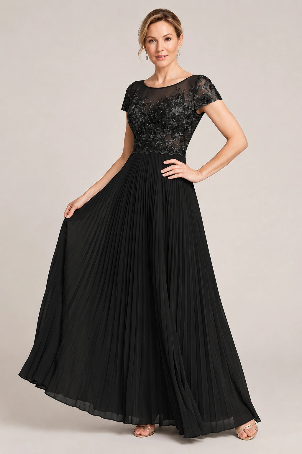 Embroidered Lace Pleated Mother of the Bride Dress