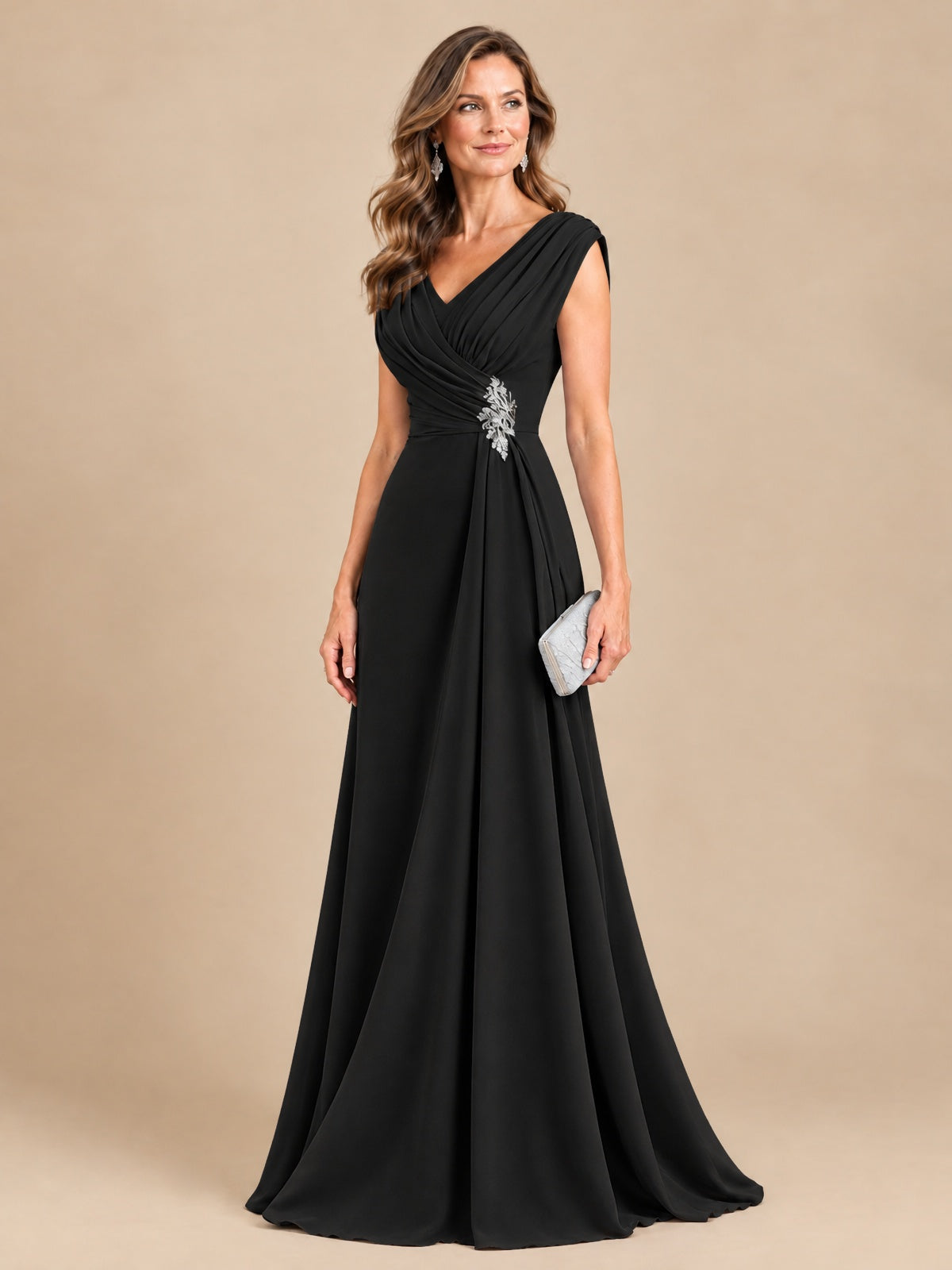 V Neck Pleated Mother of The Bride Dresses with Beading Cap Sleeves