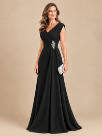 V Neck Pleated Mother of The Bride Dresses with Beading Cap Sleeves