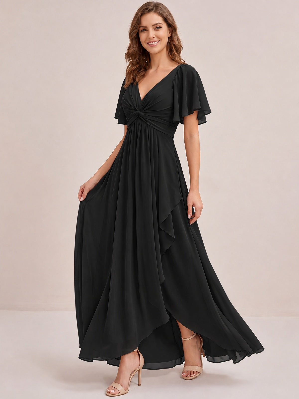 Dusty Blue Chiffon Bridesmaid Dress with Flutter Sleeves & High-Low Hem