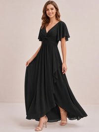 Dusty Blue Chiffon Bridesmaid Dress with Flutter Sleeves & High-Low Hem