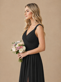 Pleated Chiffon V Neck Wedding Bridesmaid Dresses Floor Length with Slit
