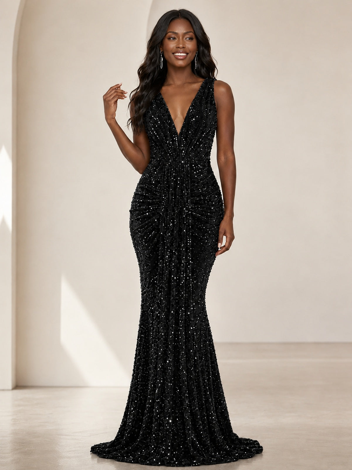 Sequin Mermaid Prom Dress with V-Neck and Ruched Waist