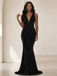 Sequin Mermaid Prom Dress with V-Neck and Ruched Waist