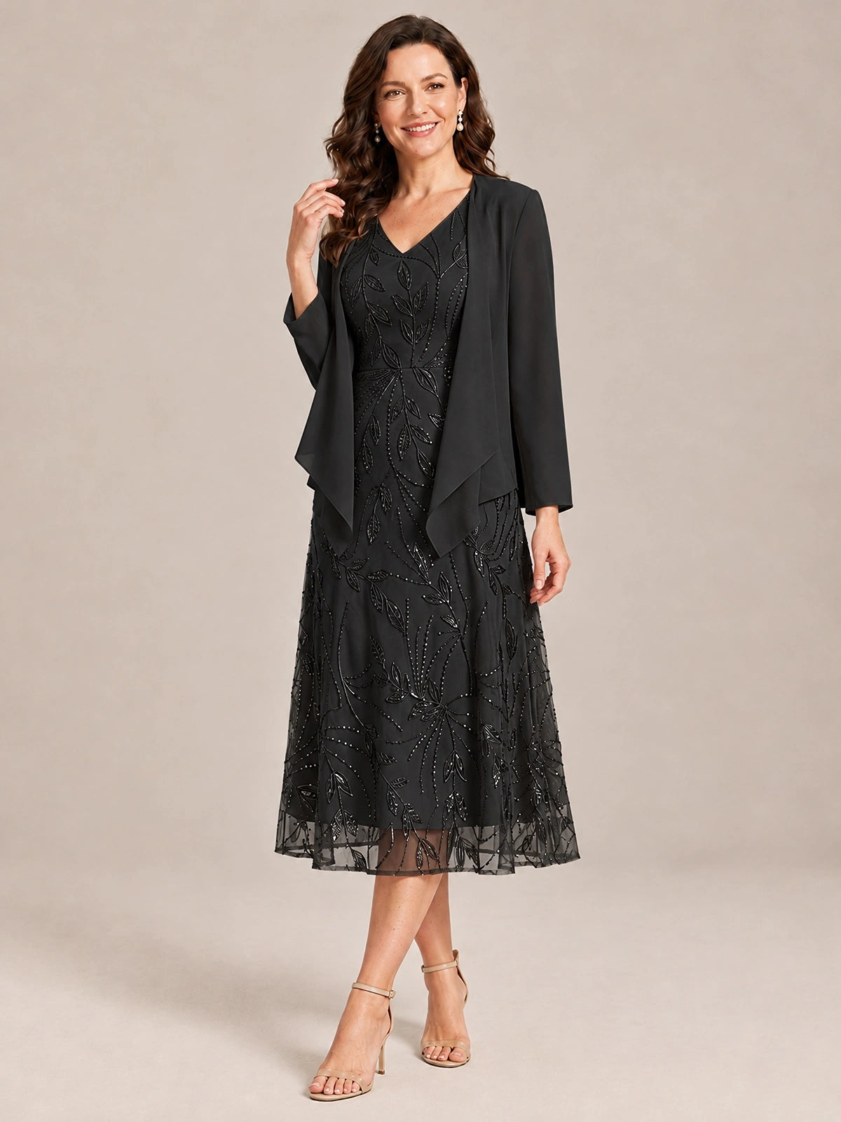 Tea Length Sequin Lace Mother of the Bride Dress with Chiffon Jacket