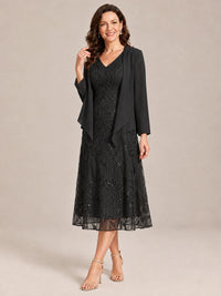 Tea Length Sequin Lace Mother of the Bride Dress with Chiffon Jacket