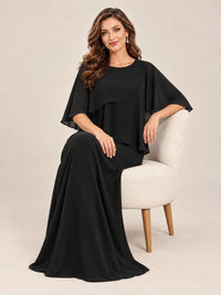 Cape Sleeve Mother of the Bride Dress with Asymmetrical Overlay
