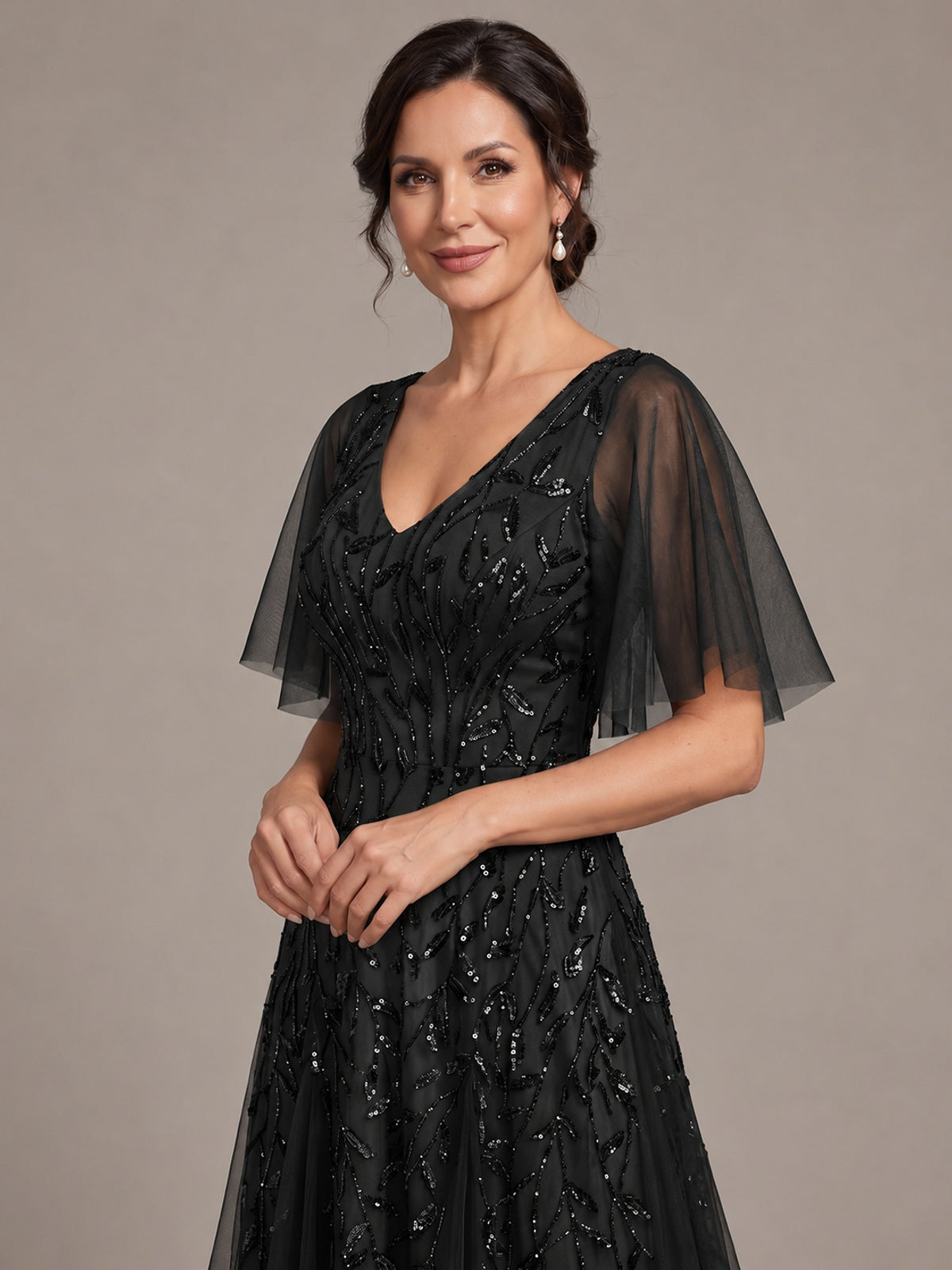 V-Neck Sequin Tulle Mother of the Bride Dress with Flutter Sleeve