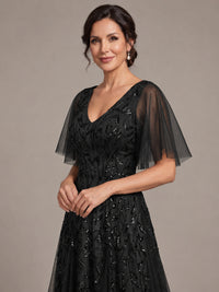 V-Neck Sequin Tulle Mother of the Bride Dress with Flutter Sleeve