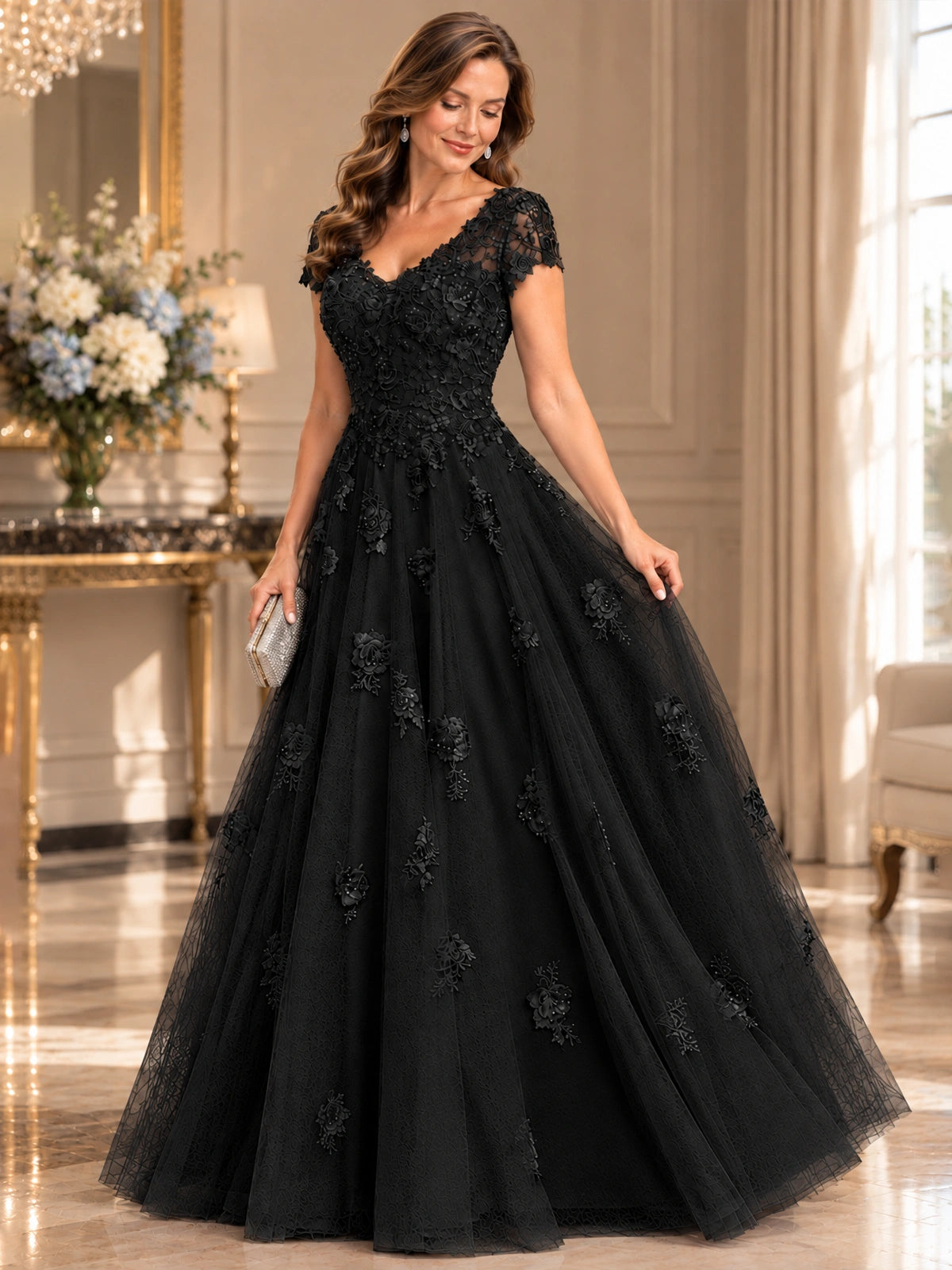 Lace Appliques A-line Mother of The Bride Dresses with Short Sleeves