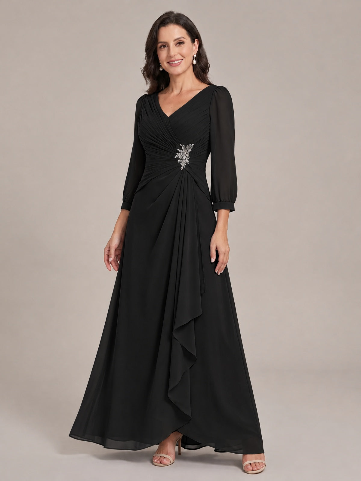 V-Neck Pleated Chiffon Mother of the Bride Dress with Flutter Sleeves