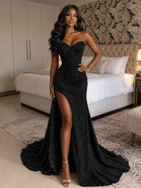Beaded Sequin Prom Dress Strapless Formal Gowns with High Slit Train