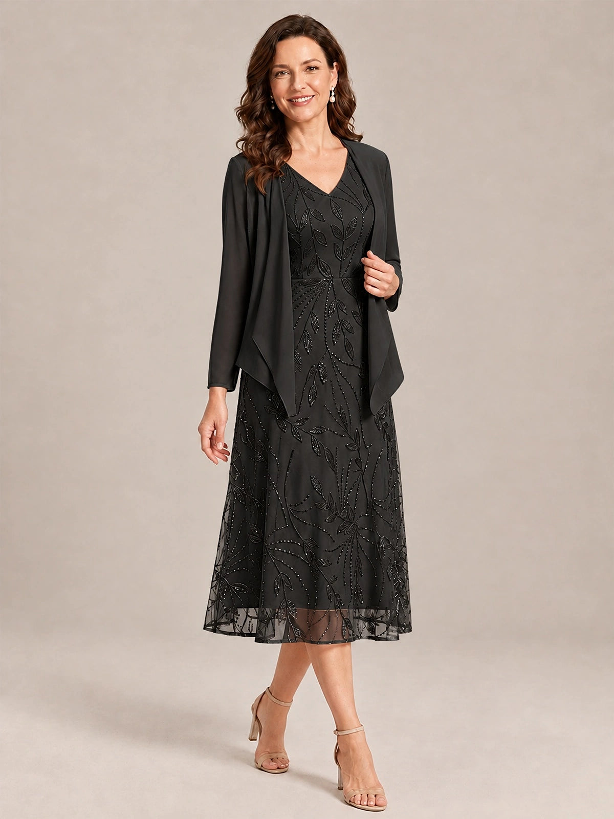 Tea Length Sequin Lace Mother of the Bride Dress with Chiffon Jacket