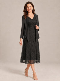 Tea Length Sequin Lace Mother of the Bride Dress with Chiffon Jacket