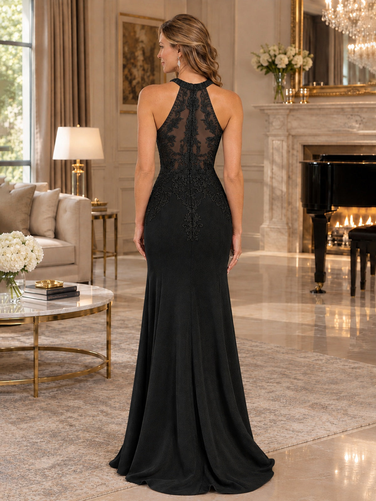 Halter Neckline Lace Appliques Mother of The Bride Dresses