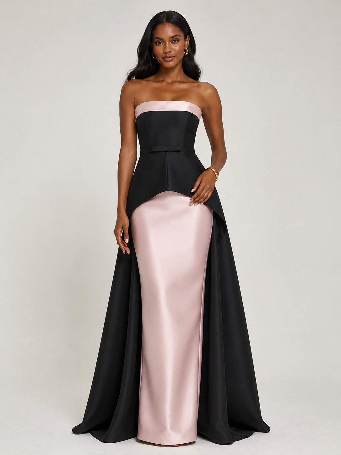 Black & Blush Strapless Satin Maxi Dress with Draped Overskirt