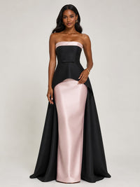 Black & Blush Strapless Satin Maxi Dress with Draped Overskirt
